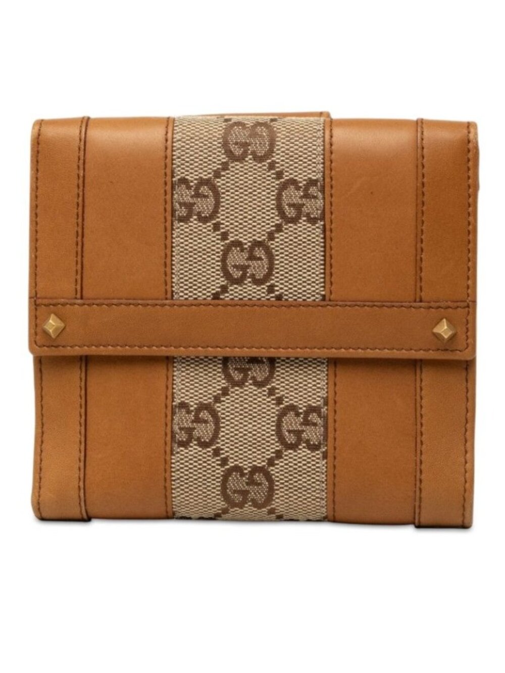 Gucci GG Canvas Snap Bifold Wallet Beige Brown Leather